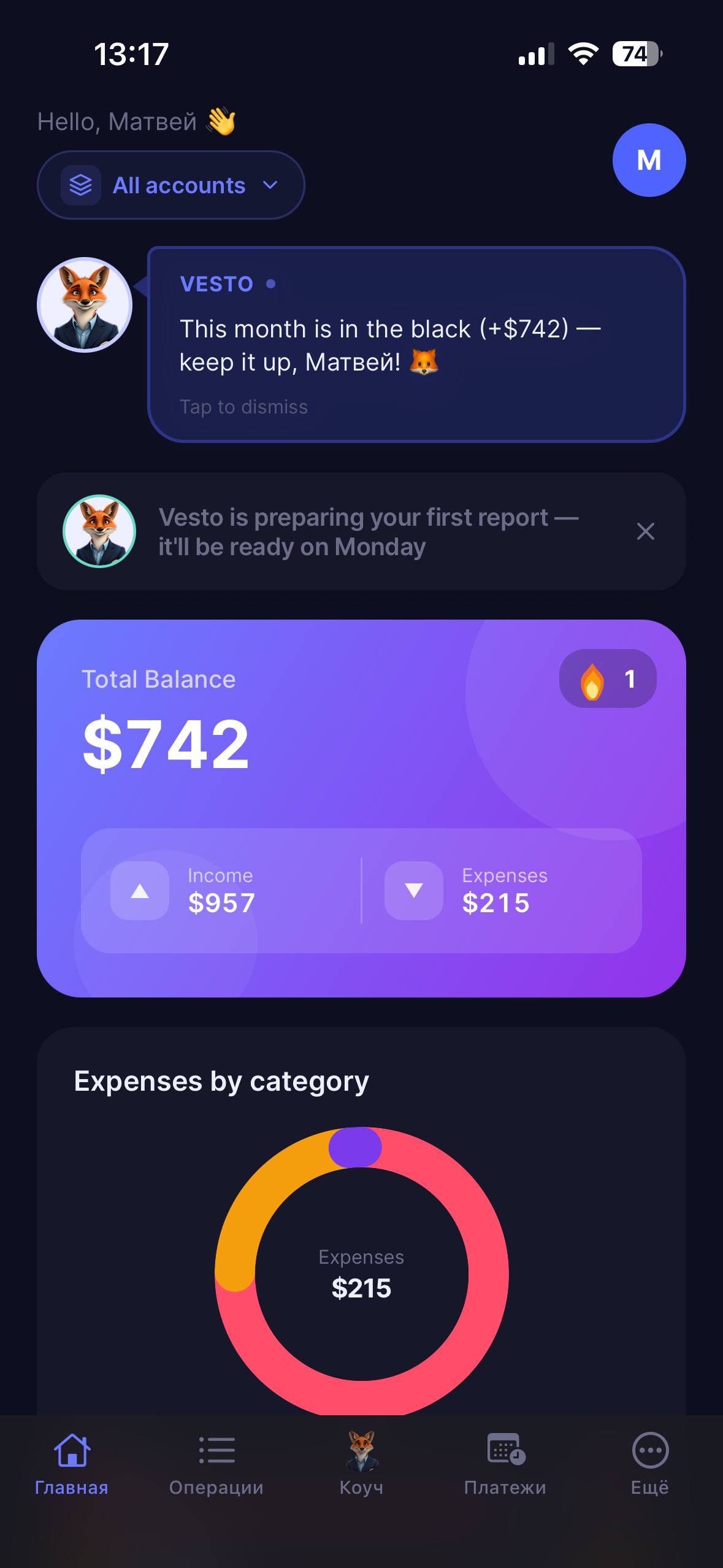 Vesto home screen